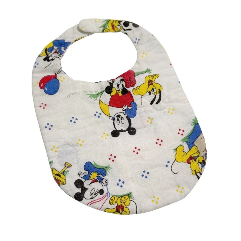 Vintage 1984 Disney Baby Quilted Bib White Mickey Minnie Pluto Goofy Print Retro